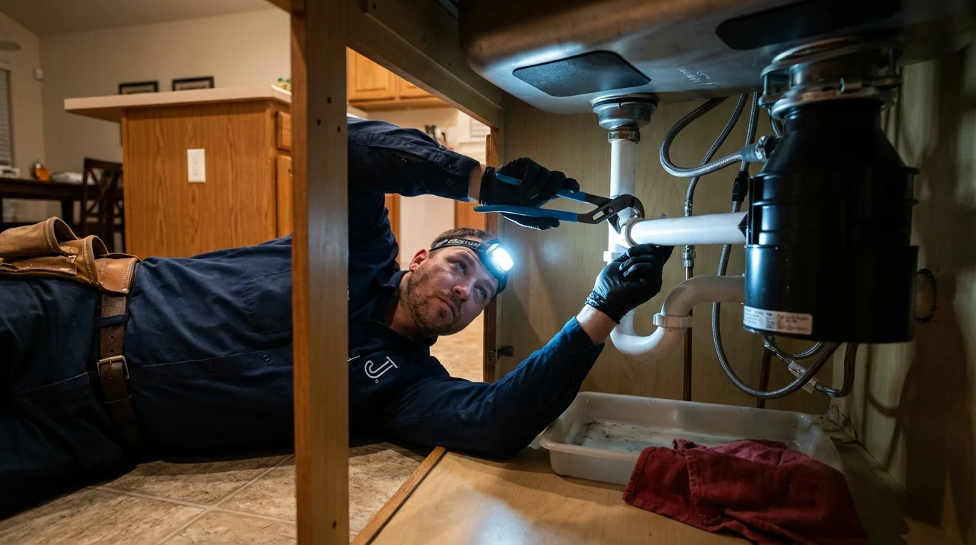 P-trap and supply line connections under a kitchen sink showing a common leak point in Morristown, TN